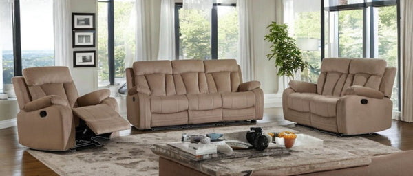 HomeRoots Three Piece Beige Microsuede Seating Set - Cozy Reclining Sofa, Loveseat & Armchair for Six 329382
