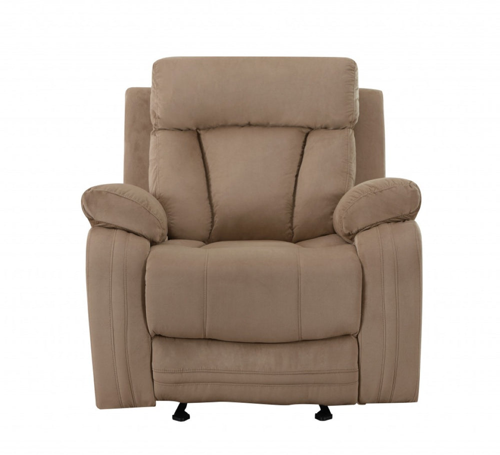 HomeRoots 40" Modern Beige Fabric Chair - Stylish Recliner with Soft Microsuede, Glider Base & Manual Recline 329385