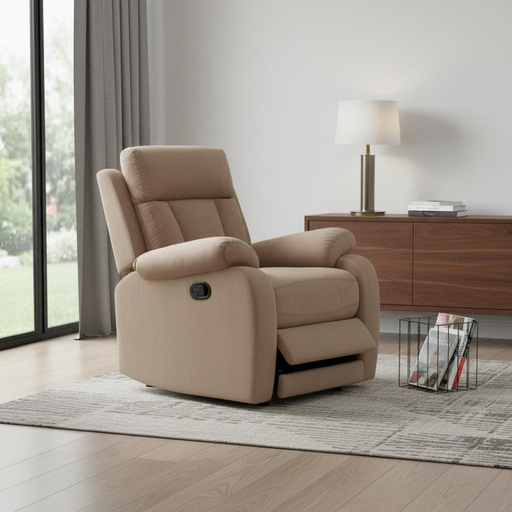 HomeRoots 40" Modern Beige Fabric Chair - Stylish Recliner with Soft Microsuede, Glider Base & Manual Recline 329385