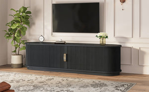 English Elm Vintage Farmhouse Media Console with Slatted Sliding Doors and Brass Hardware for Living Room Black N721P427206B