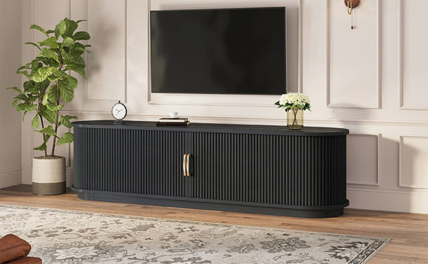 English Elm Vintage Farmhouse Media Console with Slatted Sliding Doors and Brass Hardware for Living Room Black N721P427206B