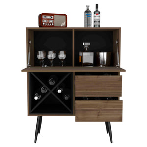 English Elm Prunus Mahogany Bar Cabinet with Two Drawers, Four Bottle Racks & Shelves — Stylish Black Accents B200S00409