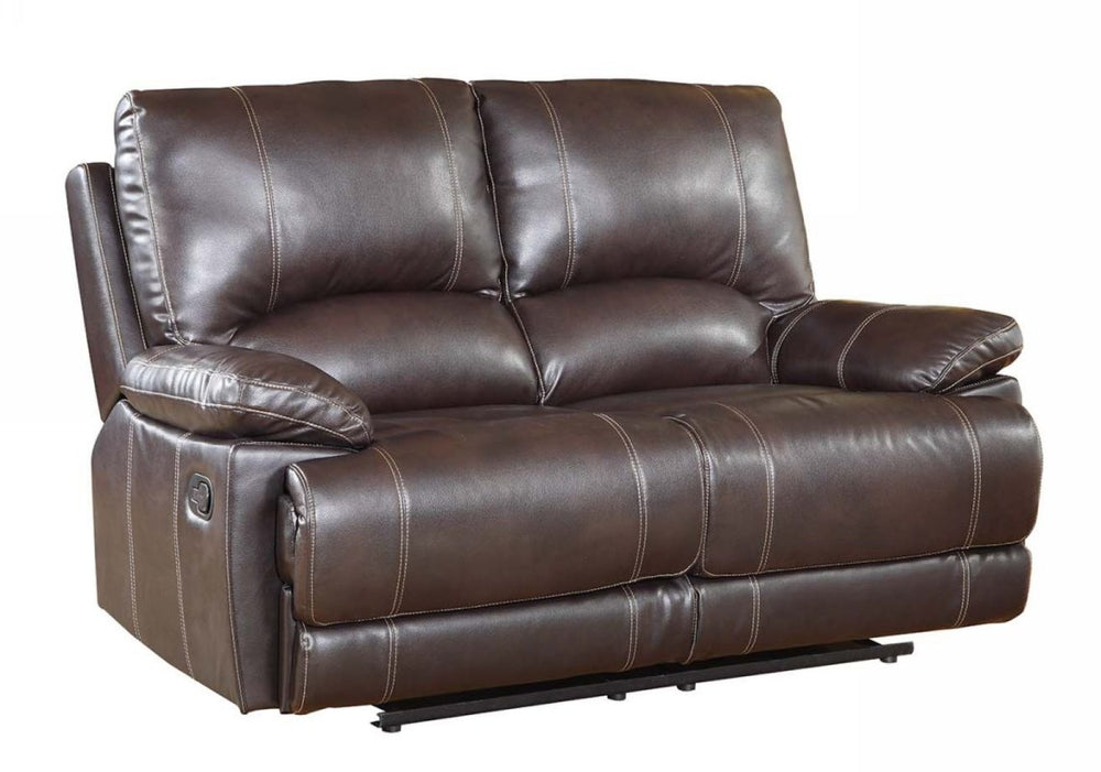 HomeRoots 65" Brown Faux Leather Reclining Love Seat – Stylish Comfort with Manual Recline & Pillow-Top Arms 329408