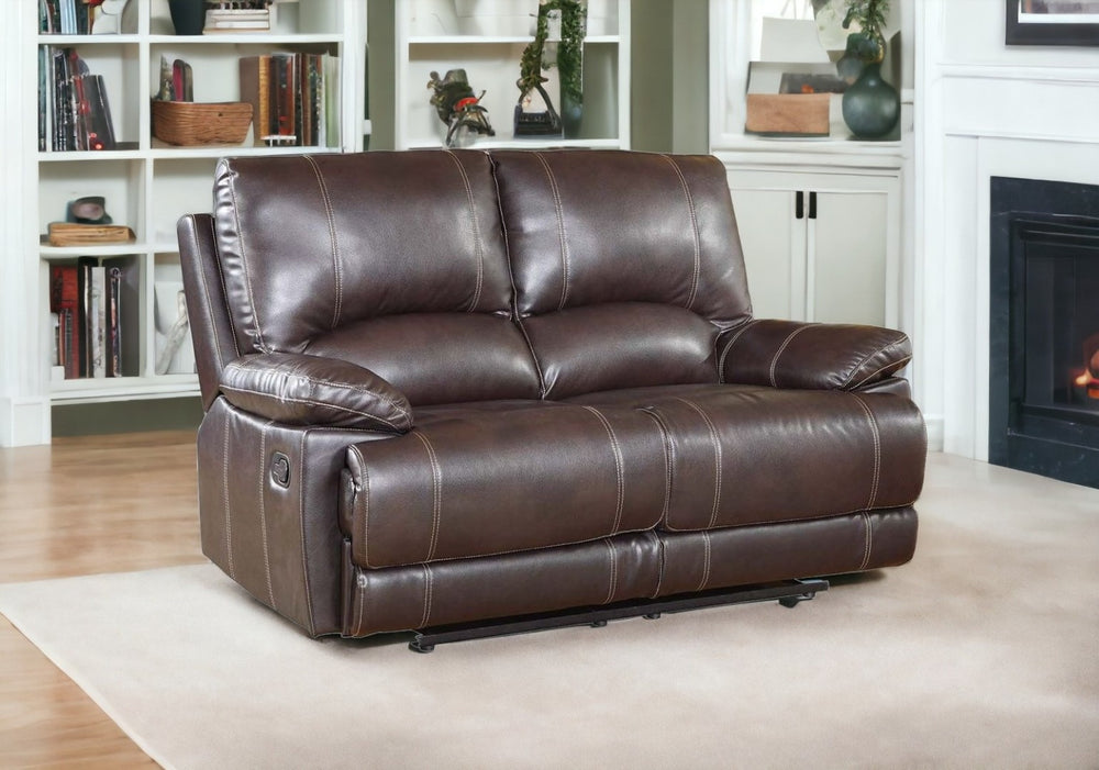 HomeRoots 65" Brown Faux Leather Reclining Love Seat – Stylish Comfort with Manual Recline & Pillow-Top Arms 329408