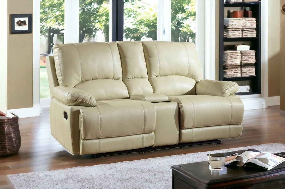 HomeRoots 76" Beige Faux Leather Reclining Love Seat with Storage - Cozy Comfort & Stylish Design for Two 329415