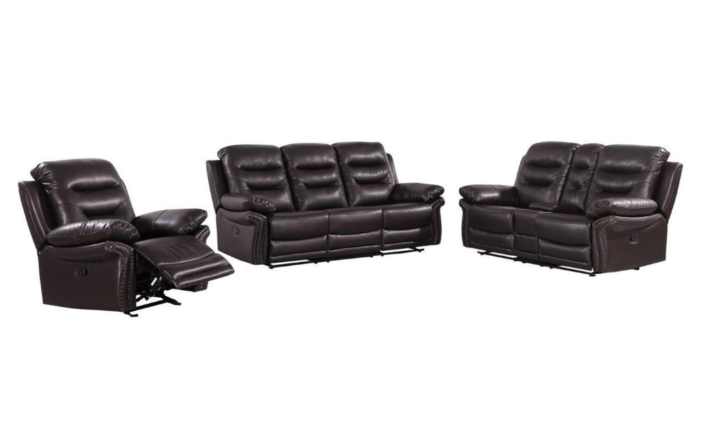 HomeRoots Three-Piece Indoor Brown Faux Leather Seating Set with Reclining Seats and Storage for 6 People 329416