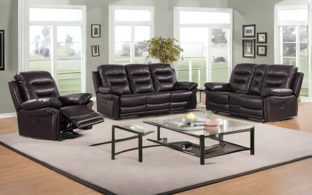 HomeRoots Three-Piece Indoor Brown Faux Leather Seating Set with Reclining Seats and Storage for 6 People 329416