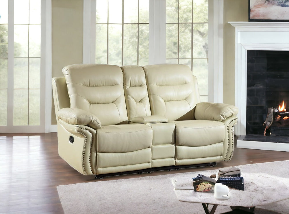 Homeroots 75" Beige Faux Leather Manual Reclining Love Seat With Storage Beige  329421