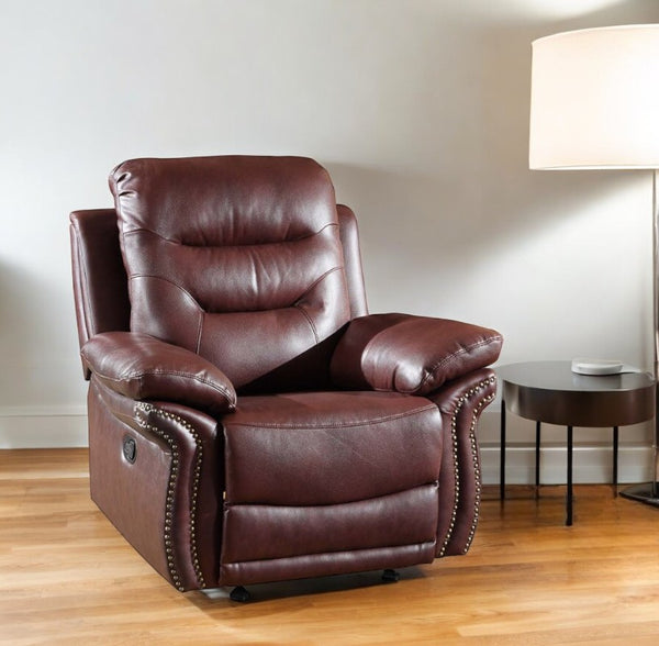 Homeroots 41" Burgundy Leather Match Recliner Burgundy  329428