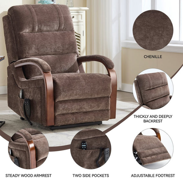 English Elm Power Lift Recliner Chair Chenille Upholstery Dual Motor Heat Massage Solid Wood Arms Brown W1803S00068