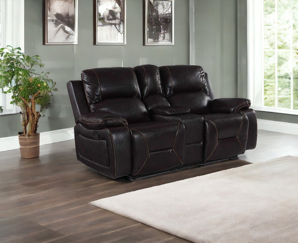 Homeroots 77" Brown Faux Leather Manual Reclining Love Seat With Storage   329440