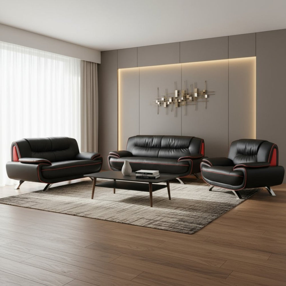 HomeRoots Three Piece Indoor Black Genuine Leather Seating Set for Six – Stylish Comfort for Your Living Room 203" X 35" X 35" 329454
