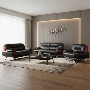 HomeRoots Three Piece Indoor Black Genuine Leather Seating Set for Six – Stylish Comfort for Your Living Room 203" X 35" X 35" 329454