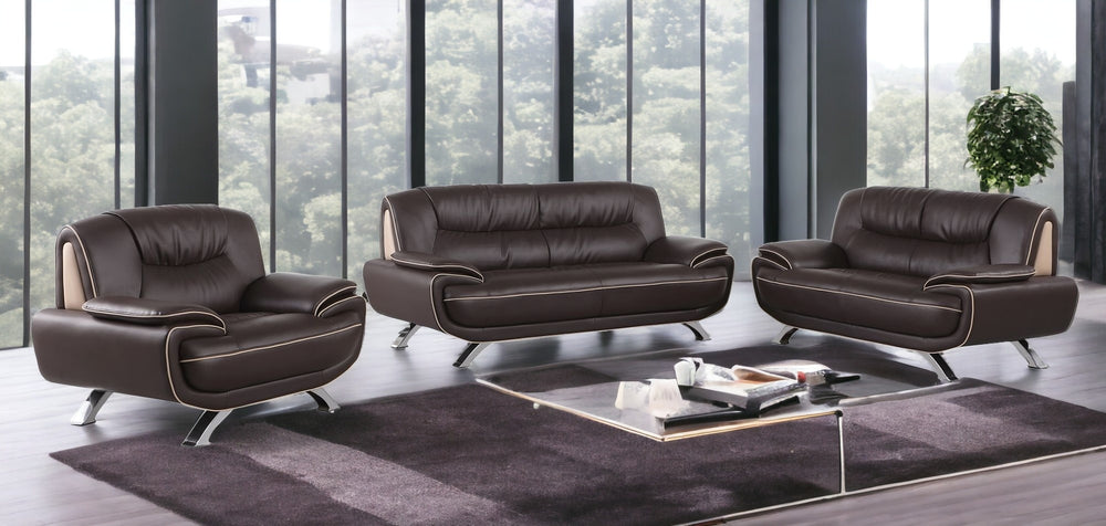 Homeroots Three Piece Indoor Brown Genuine Leather Six Person Seating Set   329462