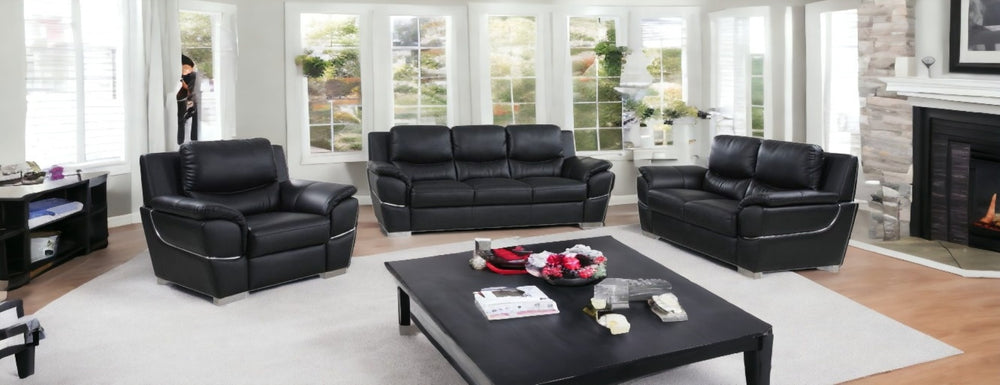 HomeRoots Three Piece Indoor Black Genuine Leather Seating Set for Six – Stylish, Durable & Comfortable Design 329474