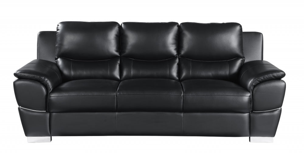 Homeroots 85" Black Leather Sofa With Silver Legs Black  329475