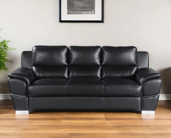 Homeroots 85" Black Leather Sofa With Silver Legs Black  329475