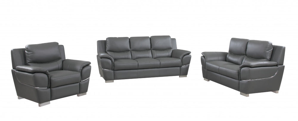 Homeroots Three Piece Indoor Gray Genuine Leather Six Person Seating Set Grey  329482