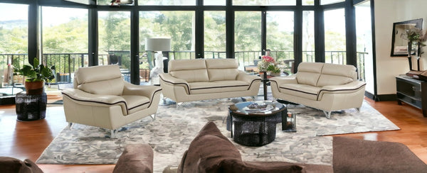 Homeroots Three Piece Indoor Beige Genuine Leather Six Person Seating Set   329490