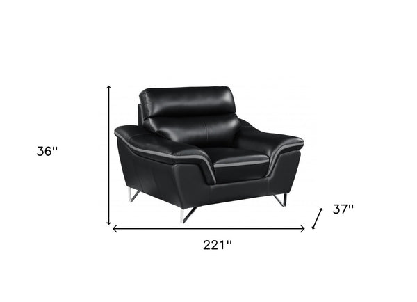 HomeRoots Three Piece Indoor Black Genuine Leather Seating Set for 6 - Luxurious Comfort & Modern Style 221" X 37" X 36" 329494