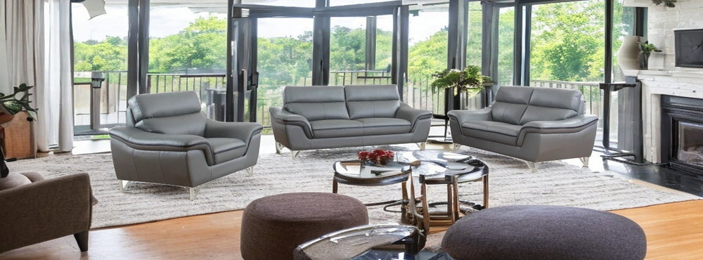 Homeroots Three Piece Indoor Gray Genuine Leather Six Person Seating Set   329498