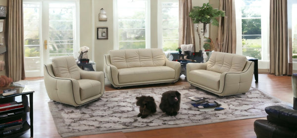 HomeRoots Three Piece Indoor Beige Genuine Leather Seating Set for Six - Timeless Comfort & Style 221" X 37" X 36" 329506