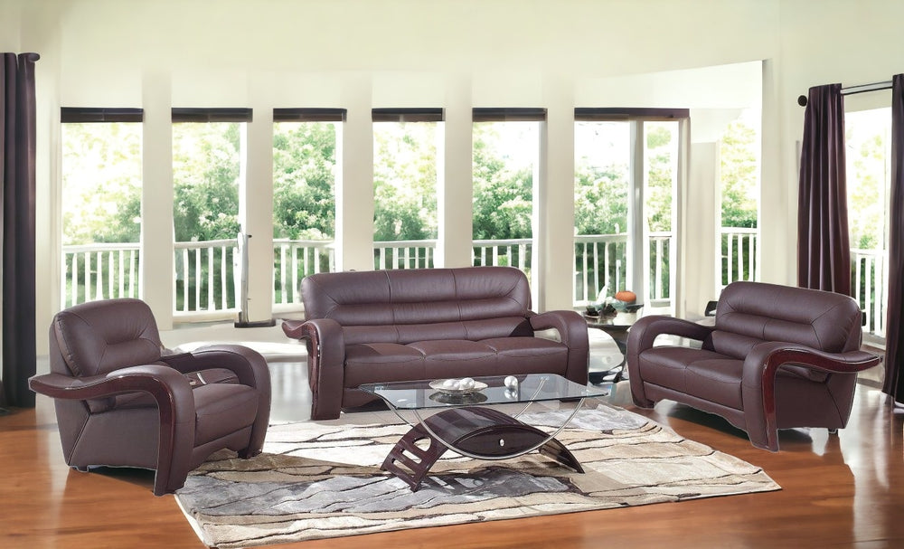 Homeroots Three Piece Indoor Brown Genuine Leather Six Person Seating Set   329510