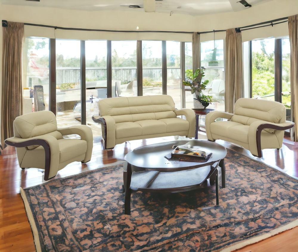 Homeroots Three Piece Indoor Beige Genuine Leather Six Person Seating Set   329514