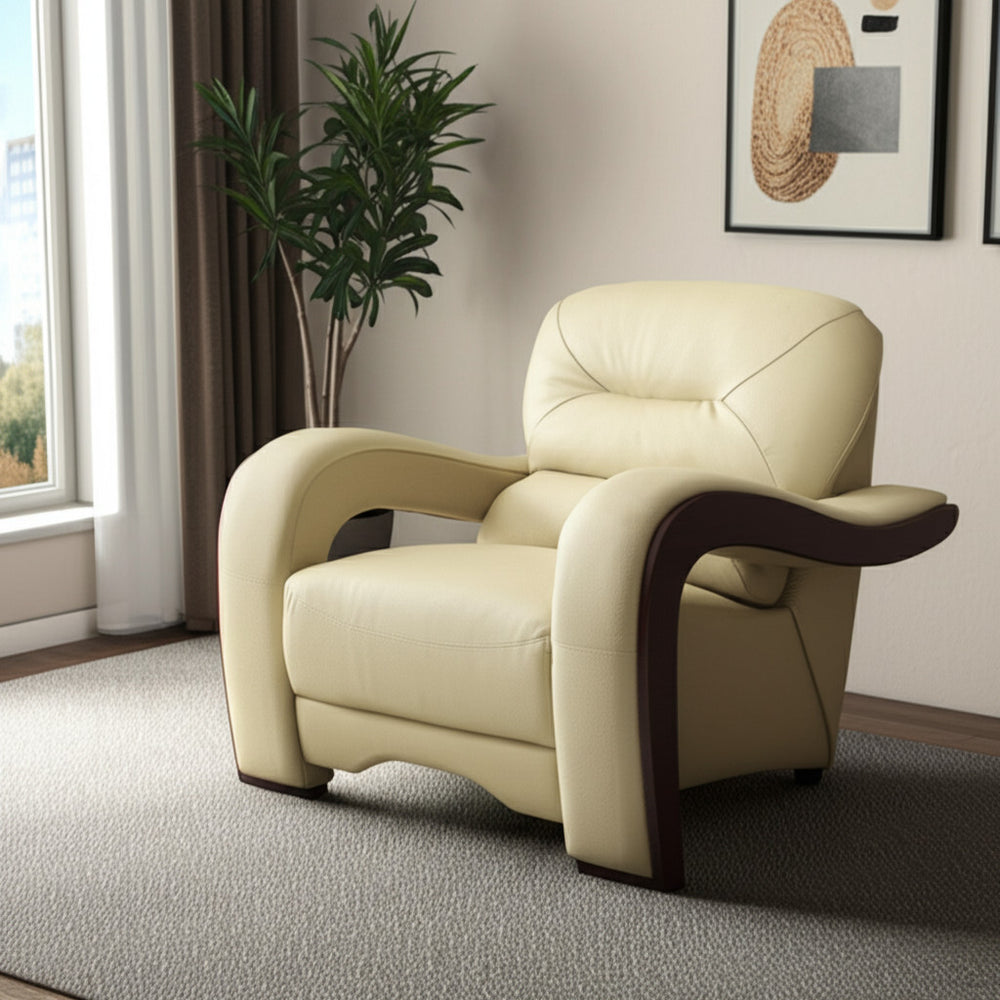 Homeroots 39" Beige And Brown Leather Arm Chair - Stylish Comfort With Curved Armrests For Elegant Interiors 39" X 36" X 33"  329517