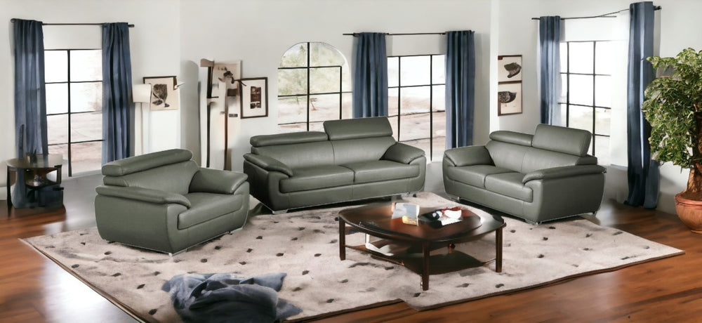 HomeRoots Three Piece Indoor Gray Genuine Leather Seating Set for Six – Stylish & Comfortable Living Room Solution 329526