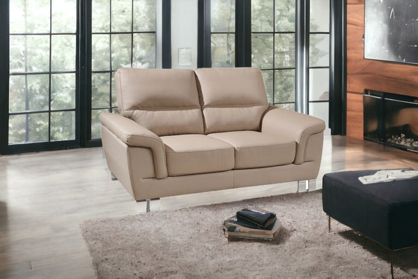 Homeroots 64" Beige And Silver Faux Leather Love Seat   329559