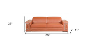 Homeroots 89" Camel Italian Leather Sofa With Silver Legs Camel  329585