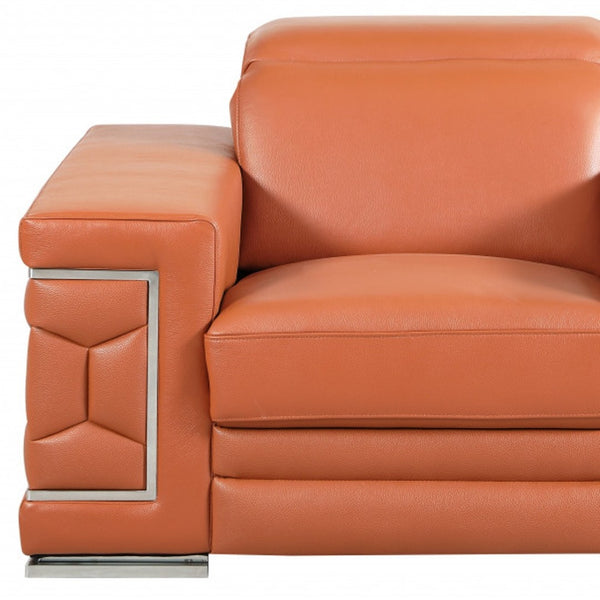 HomeRoots 47" Chic Brown Genuine Leather Arm Chair with Silver Metal Legs for Modern Living Spaces Upgrade Camel 329587