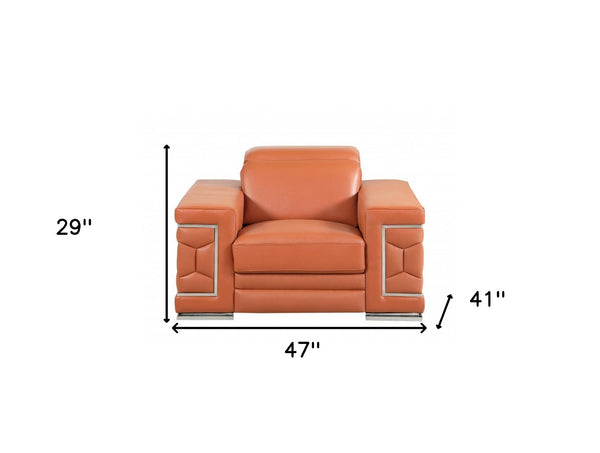 HomeRoots 47" Chic Brown Genuine Leather Arm Chair with Silver Metal Legs for Modern Living Spaces Upgrade Camel 329587