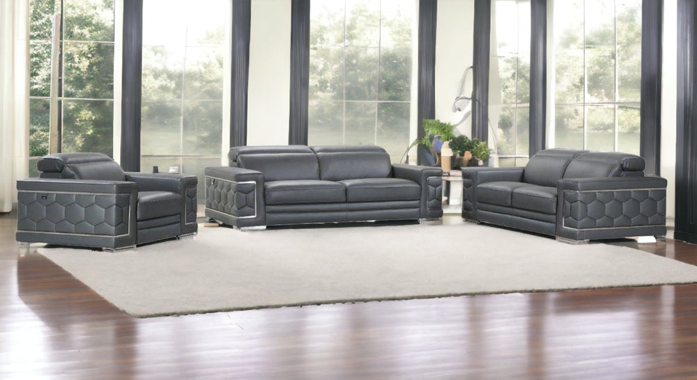 HomeRoots Three Piece Indoor Dark Gray Italian Leather Seating Set for Six – Timeless Comfort & Style 329588