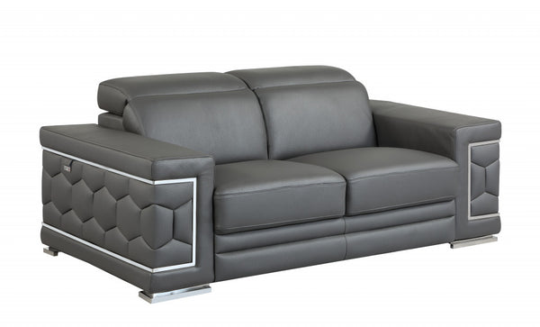 Homeroots 71" Gray And Silver Genuine Leather Love Seat Dark Grey  329590