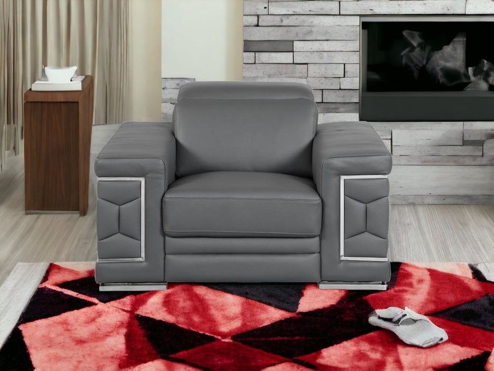 HomeRoots 47" Chic Brown Genuine Leather Arm Chair with Silver Metal Legs for Modern Living Spaces Upgrade Dark Gray 329591