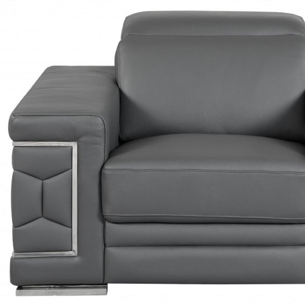 HomeRoots 47" Chic Brown Genuine Leather Arm Chair with Silver Metal Legs for Modern Living Spaces Upgrade Dark Gray 329591
