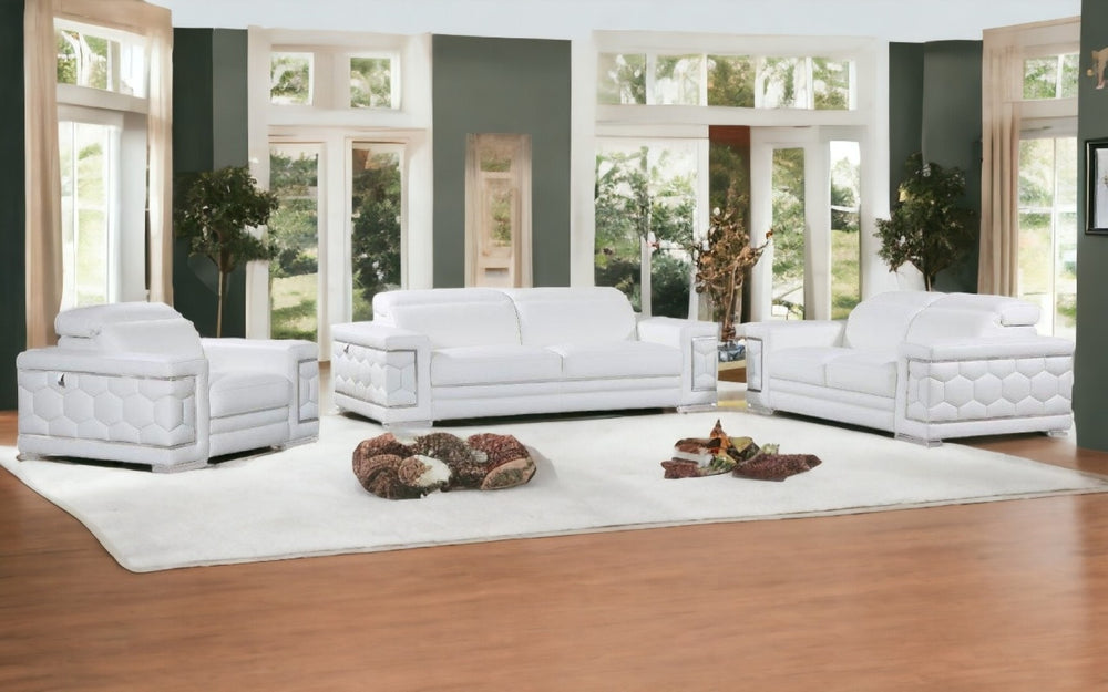 HomeRoots Three Piece Italian Leather Seating Set for Six - Luxurious White Sofa, Loveseat & Chair Combo 329592