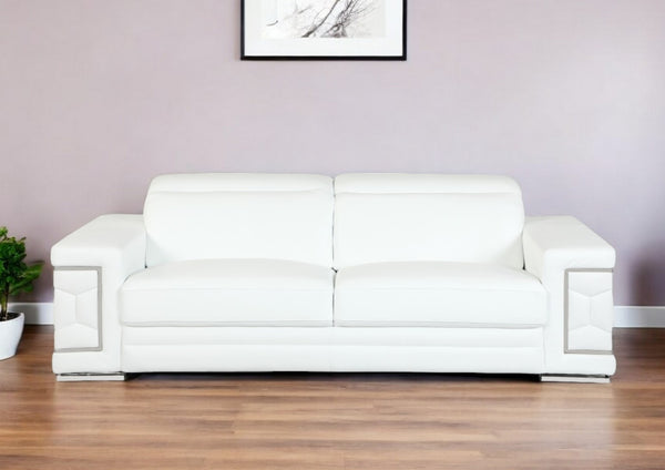 Homeroots 89" White Italian Leather Sofa With Silver Legs White  329593
