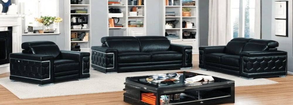 HomeRoots Three Piece Indoor Black Italian Leather Seating Set – Luxurious Comfort for Six, Modern Design! 329596