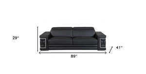 Homeroots 89" Black Italian Leather Sofa With Silver Legs Black  329597