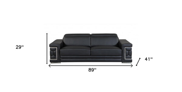 Homeroots 89" Black Italian Leather Sofa With Silver Legs Black  329597