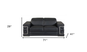 Homeroots 71" Black And Silver Genuine Leather Love Seat Black  329598