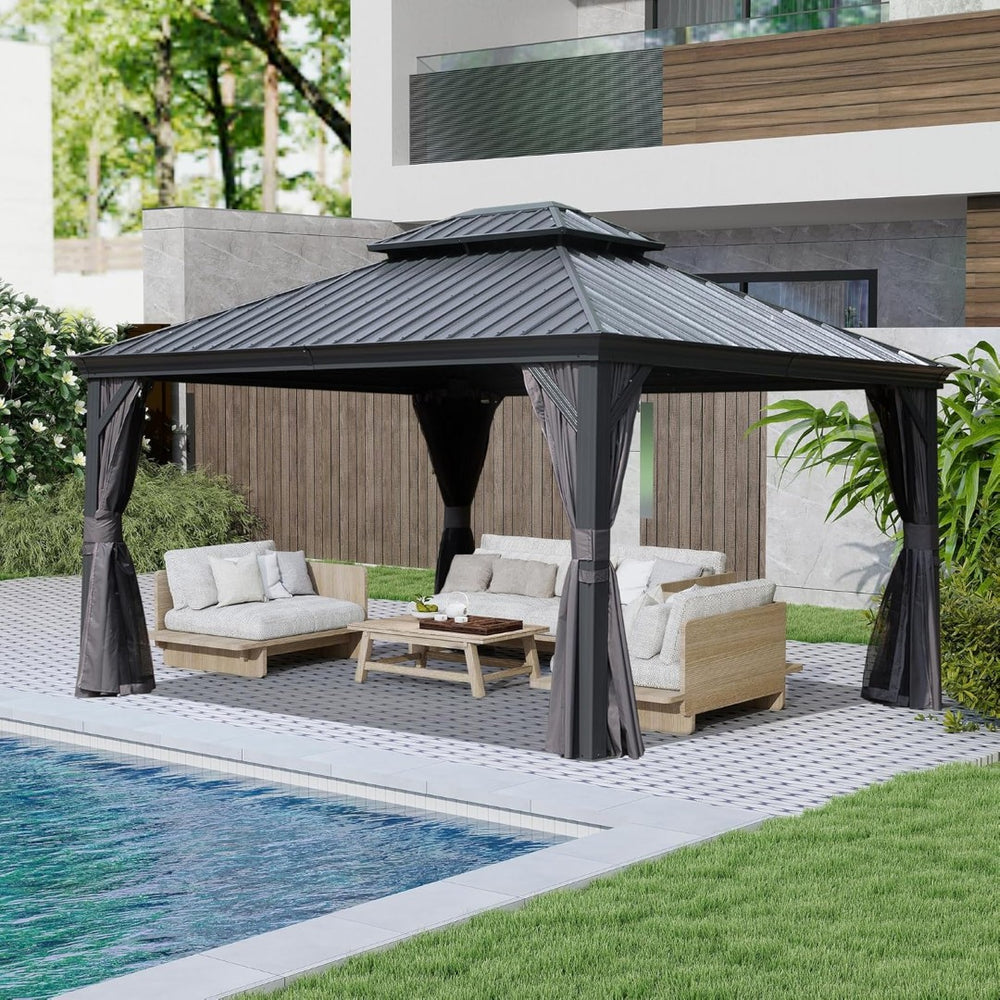English Elm 13x13ft Hardtop Gazebo Galvanized Steel Vented Double Roof with Curtains Netting Patio Gray W1859S00199