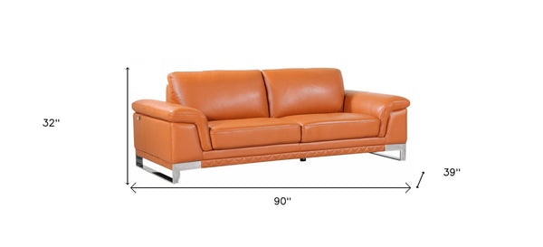Homeroots 90" Orange Italian Leather Sofa With Silver Legs Camel  329609