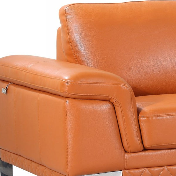Homeroots 90" Orange Italian Leather Sofa With Silver Legs Camel  329609