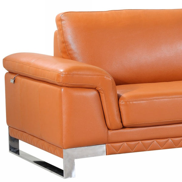 Homeroots 90" Orange Italian Leather Sofa With Silver Legs Camel  329609