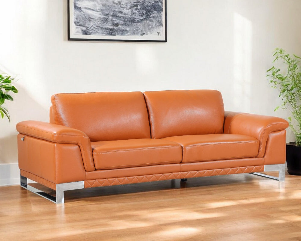 Homeroots 90" Orange Italian Leather Sofa With Silver Legs Camel  329609