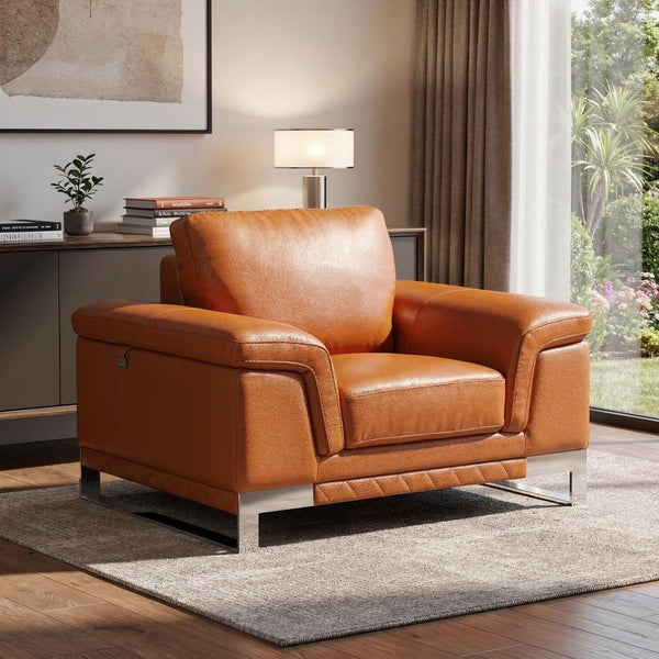 HomeRoots 49" Brown Genuine Leather Arm Chair - Contemporary Elegance with Plush Comfort & Silver Legs CAMEL 329611